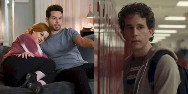Rozdělený obrázek představuje Jane Levy a Skylar Astin v Zoey