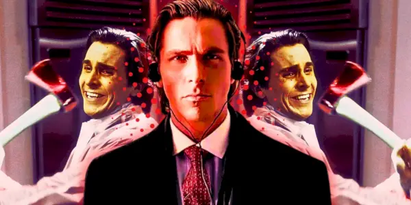 Christian Bale jako Patrick Bateman w słuchawkach, w tle filmu American Psycho przedstawia go uśmiechającego się podczas wymachiwania siekierą