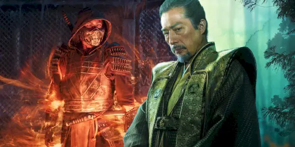 Hiroyuki Sanada pohlcený plameny jako Scorpion v Mortal Kombat (2021) vedle Yoshii Toranaga z Shōgun (2024)