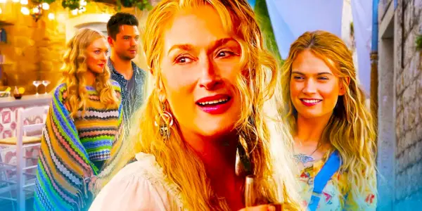 Sophie (Amanda Seyfried), Sky (Dominic __), Donna più anziana (Meryl Streep) e Donna più giovane (Lily James) in Mamma Mia! Ci risiamo.