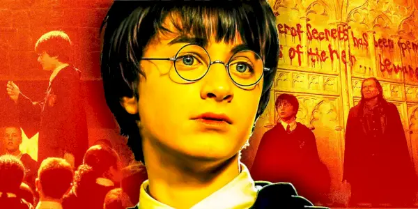 Harry Potter vor einem individuellen Hintergrund mit Szenen aus „Kammer des Schreckens“.