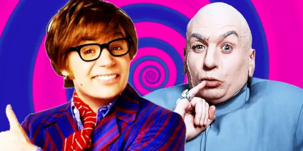 Collage d'Austin Powers et du Dr Evil sur fond psychédélique
