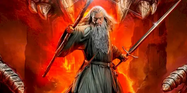 Gandalf drží svůj meč a hůl v bitevní pozici, zatímco za ním stojí balrog ve fanartu Pána prstenů.