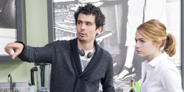 Damien Chazelle y Emma Stone en el set de La La Land