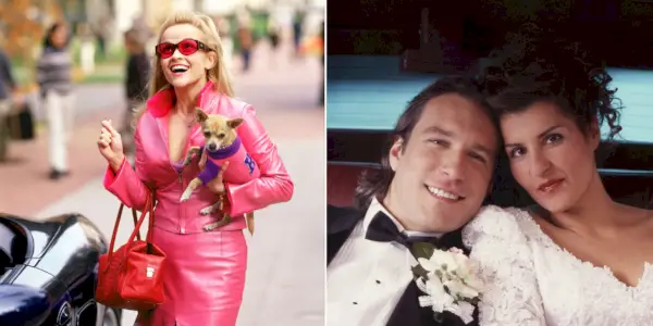 Rozdělený obrázek Reese Witherspoon ve filmu Legally Blonde & John Corbett a Nia Vardalos ve filmu Moje velká tlustá řecká svatba