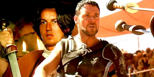 Imagen combinada de Cicerón sosteniendo una espada y Maximus en la arena en Gladiator