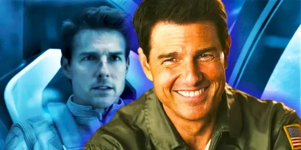 Tom Cruise en Oblivion volando junto a Cruise en Top Gun Maverick sonriendo