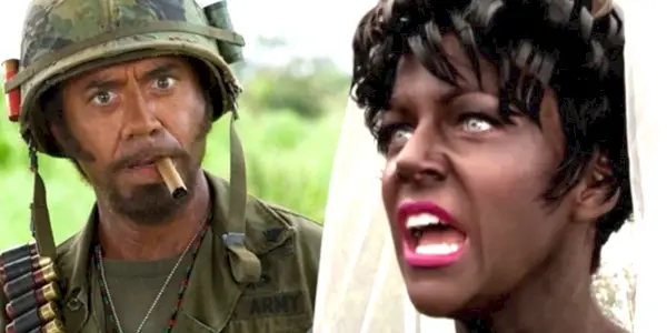 RDJ Dans le rôle de Kirk Lazarus dans Tropic Thunder, aux côtés de Sweet Dee de It