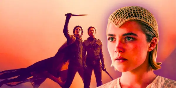 Timothee Chalamet como Paul e Zendaya como Chani posam no pôster de Duna: Parte Dois, com colagem de imagem de Florence Pugh como Princesa Irulan