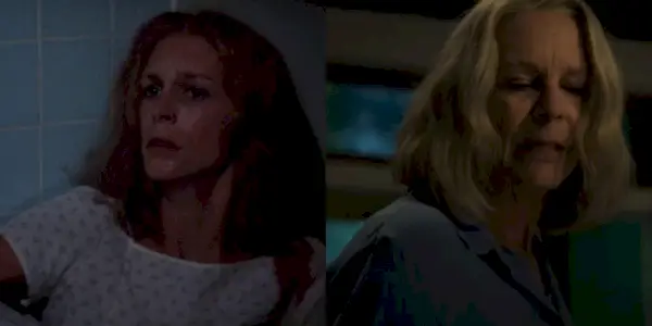 Imagem dividida: Laurie Strode em Halloween II (1981) e Laurie Strode em Halloween Ends.