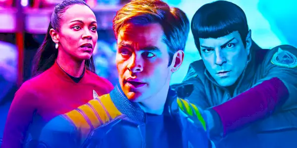 Star Trek, J.J. filmy o Abramsovi. Chris Pine ako kapitán James T. Kirk, Zoe Saldana ako Nyota Uhura, Zachary Quinto ako Spock.