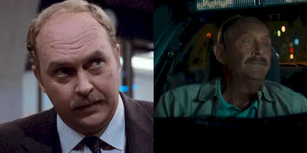 John Ashton como John Taggart mirando a alguien fuera de la pantalla en Beverly Hills Cop y sentado dentro de un auto en Beverly Hills Cop: Axel F
