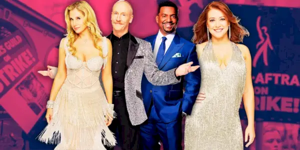 DWTS 진행자 Alfonso Ribeiro, Matt Walsh, Alyson Hannigan 및 Mira Sorvino 옆에 WGA 및 SAG 파업 신호가 배경