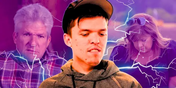 Malí ľudia, Zach Roloff z Veľkého sveta, Matt Roloff a Caryn Chandler sa pozerajú dolu s vážnymi výrazmi a sú obklopení bleskami.
