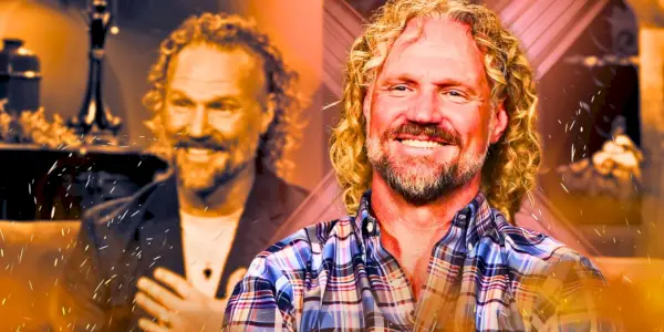 Sister Wives Kody Brown montage to billeder af Kody grinende orange toner