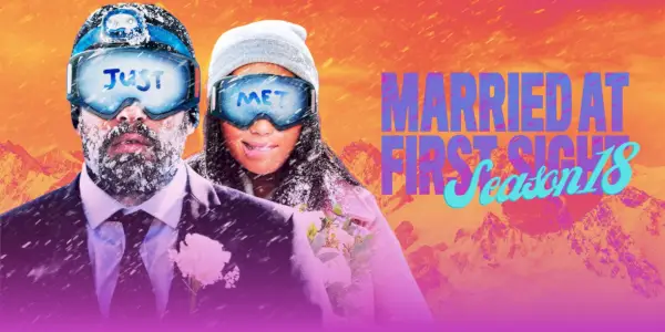 Logotipo de Married At First Sight Temporada 18 con dos personas en la nieve con gafas puestas