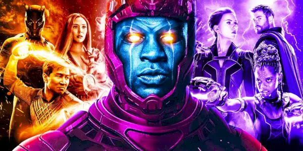 Imagem mesclada da fan art de Kang, o Conquistador (Jonathan Majors) na frente de Pantera Negra, Feiticeira Escarlate (Elizabeth Olsen), Shang-Chi (Simu Liu), Viúva Negra (Scarlett Johanssen), Thor (Chris Hemsworth) e Shuri (Letitia Wright)