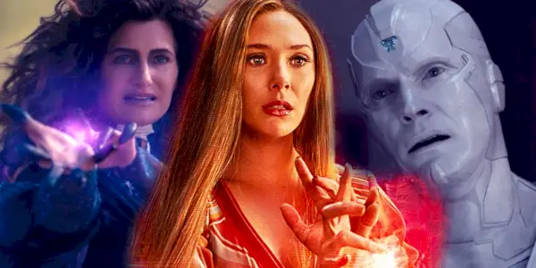 Agatha Harkness (Kathryn Hahn) vyvolává svou fialovou magii; Wanda Maximoff (Elizabeth Olsen) vyčaruje červenou magii chaosu; White Vision (Paul Bettany) uvažuje o své existenci