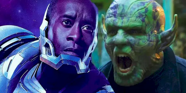 Blandet billede af Rhodey, der flyver og en Skrull, der skriger i MCU'en