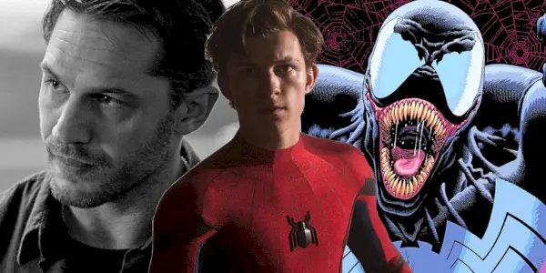 Podzielony obraz: Tom Hardy marszczy brwi jako Eddie Brock w Venom; Tom Holland z cieniem na twarzy w Spider-Manie; Jad komiksu atakuje ekran