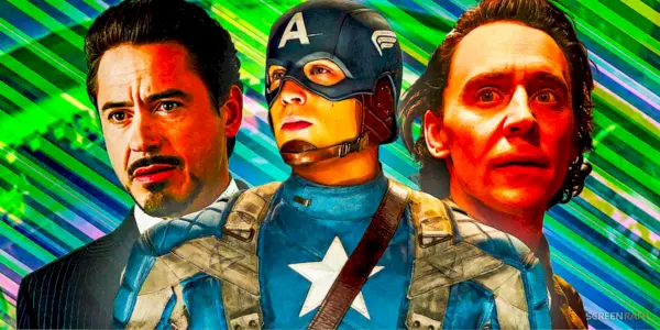 Chris Evans nei panni di Capitan America (Steve-Rogers), Robert Downey Jr. nei panni di Tony Stark e Tom Hiddleston nei panni di Loki davanti a uno sfondo con linee verdi e blu