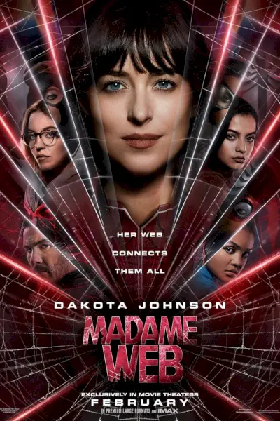 Pôster do filme Madame Web com Sydney Sweeney como Julia Carpenter, Isabela Merced como Anya Corazon, Dakota Johnson como Cassandra Webb, Celeste O