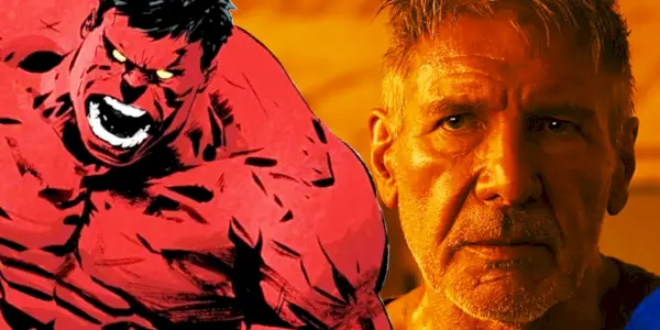 Połączony obraz Harrisona Forda jako Deckarda wyglądającego neutralnie w Blade Runner 2049 i komiksu Red Hulk wyglądającego na wściekłego