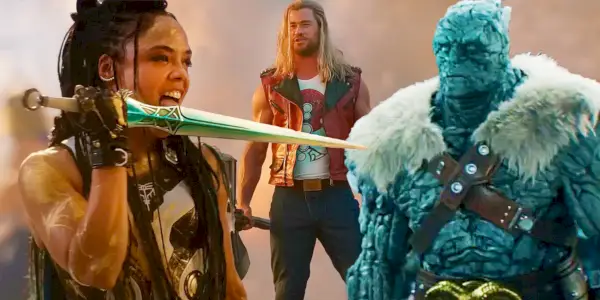 Une image divisée de Valkyrie, Thor et Korg dans Thor : Love and Thunder
