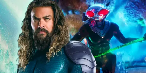 Arthur vo svojom čiernom obleku v Aquaman 2 vedľa Black Manta ovládajúci Čierny trojzubec