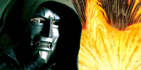 ショックを受けた様子の実写のドクター・ドゥームとフェニックス・フォースの漫画パネルの分割画像