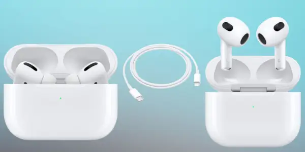 AirPods Pro, kábel lightning na usb-c a airpods sú zobrazené s modrým a sivým pozadím