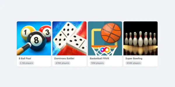Vengono mostrate le icone di quattro giochi offerti da Facebook, tra cui palla 8, domino, basket e bowling