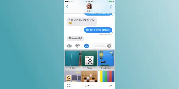 Opzioni di gioco di GamePigeon mostrate in una chat di iMessage su iPhone