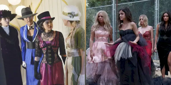 Una imagen dividida muestra a las mentirosas disfrazadas y a las mentirosas con Mona con vestidos de fiesta andrajosos en Pretty Little Liars.