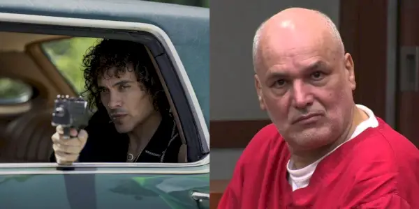 Martin Rodriguez como Jorge Rivi Ayala-Rivera em Griselda e o verdadeiro Rivi Ayala no tribunal.