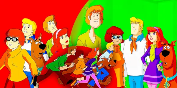 Una imagen compuesta de tres versiones diferentes de Mystery Inc y Scooby Doo en la serie animada.