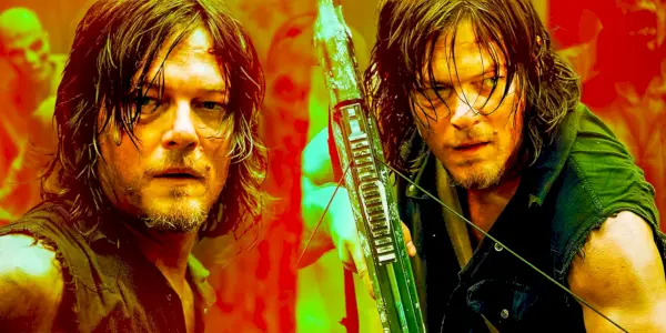 Collage de Norman Reedus dans le rôle de Daryl Dixon, l'air sérieux et brandissant une arbalète dans The Walking Dead