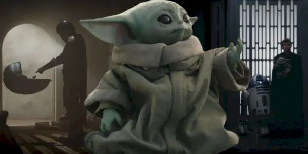 Grogu s Dinem Djarinem a Lukem Skywalkerem ve filmu Mandalorian.