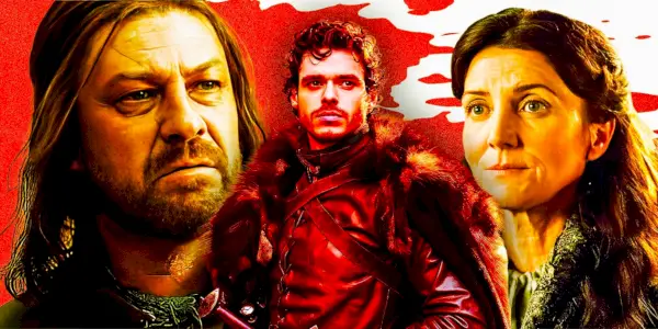 Sean Bean als Ned Stark, Richard Madden als Robb Stark und Michelle Fairley als Catelyn Stark in den Staffeln 1 und 3 von Game of Thrones