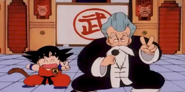 Jackie Chun e Goku posando no Torneio Mundial de Artes Marciais