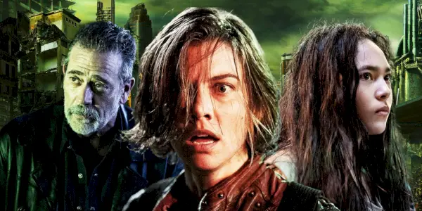 『ウォーキング・デッド:デッド・シティ』でショックを受けたマギーとそれを見つめるジニーとニーガンの合成画像