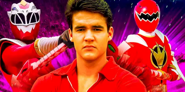 Jason, el Red Mighty Morphin Power Ranger original (primer plano) con varios de sus sucesores al fondo