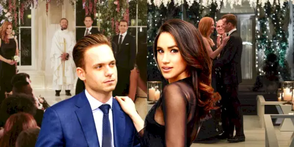 Mike et Rachel posant avec une image de la finale du mariage dans Suits.