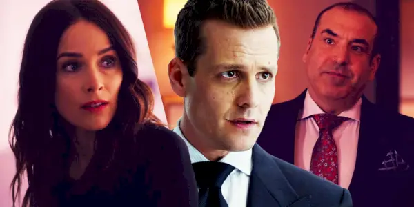 Abigail Spencer dans le rôle de Dana Scott, Gabriel Macht dans le rôle de Harvey Specter et Rick Hoffman dans le rôle de Louis Litt dans Suits
