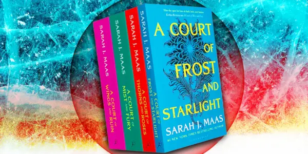 La portada de A Court Of Frost And Starlight y los otros libros de ACOTAR sobre hielo