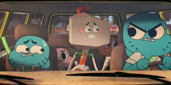 Mehrere Charaktere, darunter Gumball und ein Stop-Motion-Rock-Charakter in einem Auto, zusammen in der Episode The Job von The Amazing World of Gumball