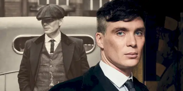 Et sammensatt bilde av Thomas Shelby som ser stoisk på kameraet med Shelby stående bak en bil med hetten trukket ned i Peaky Blinders