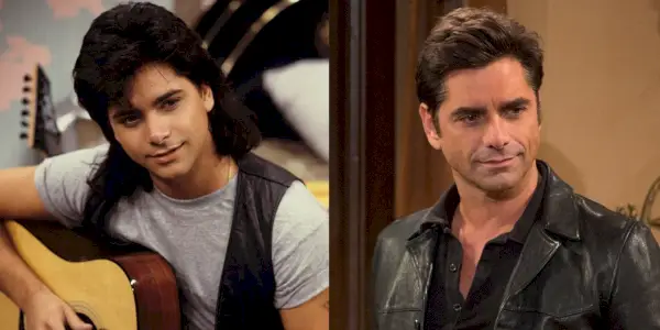 Delt bilde av John Stamos som onkel Jesse i fullt hus og i Fuller hus.