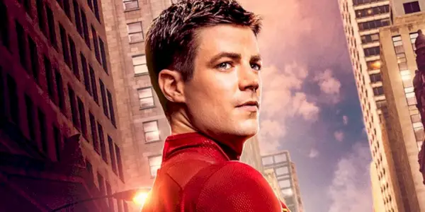Grant Gustin als The Flash im Poster der letzten Staffel, entlarvt und über die Schulter schauend.
