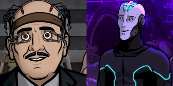Imagem dividida de Len Trexler com os olhos abertos e o Sr. Deadly falando no programa de TV Archer.